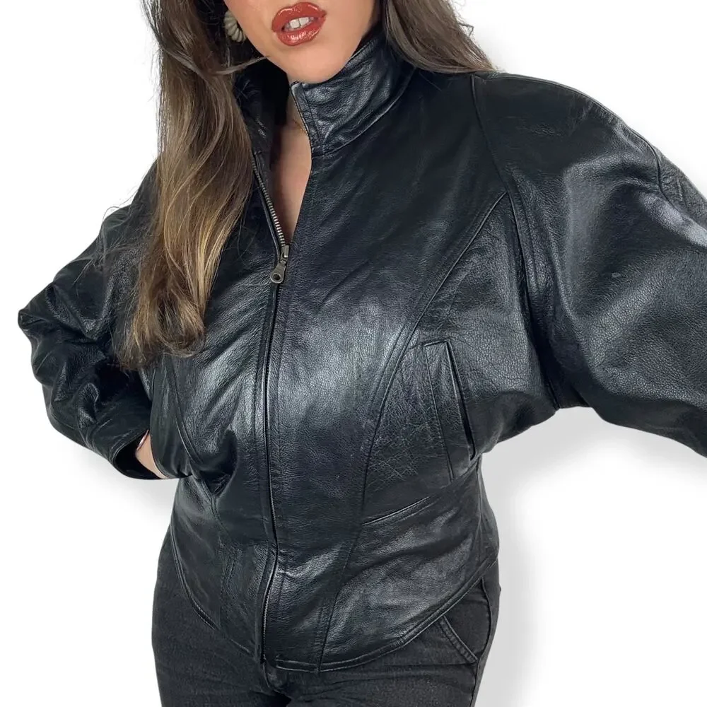 Vintage WILSONS LEATHER black batwing cropped corset motorcycle leather jacket - Picture 12 of 16